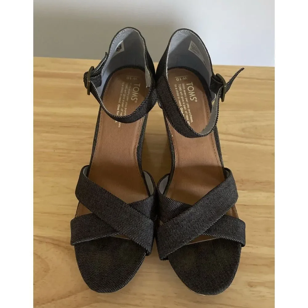 TOMS Wedge Heel Cork/Fabric Buckle Strap Womens Blue Sandals Shoes‎ Size W 10